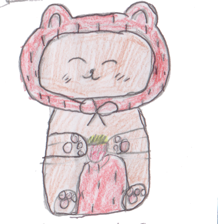 Hand-drawn Berry Bear in a strawberry hood, holding a strawberry